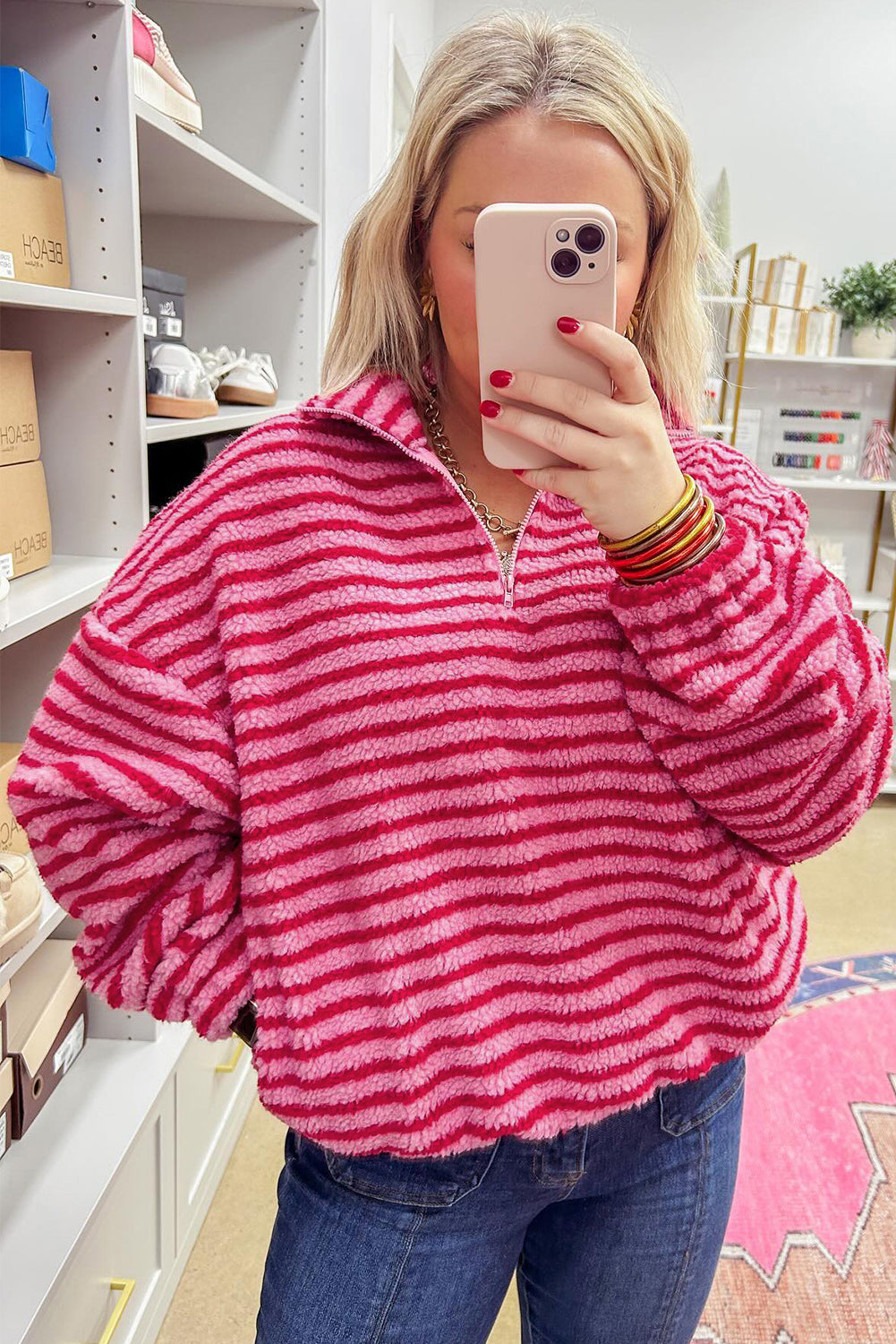 Pink Stripe Quarter Zip Fleece Oversize Sweatshirt