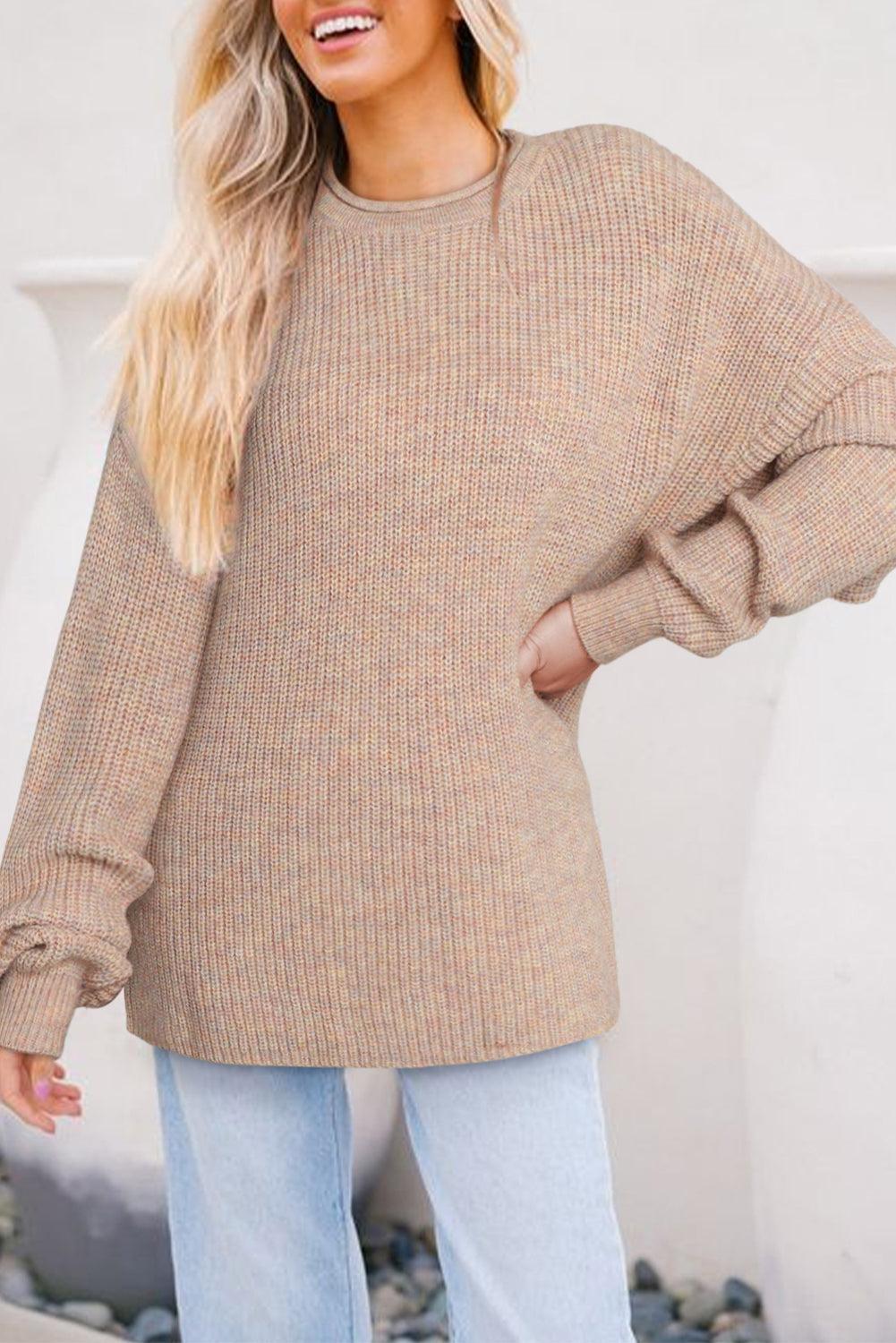 Multicolor Rolled Round Neck Drop Shoulder Sweater - L & M Kee, LLC