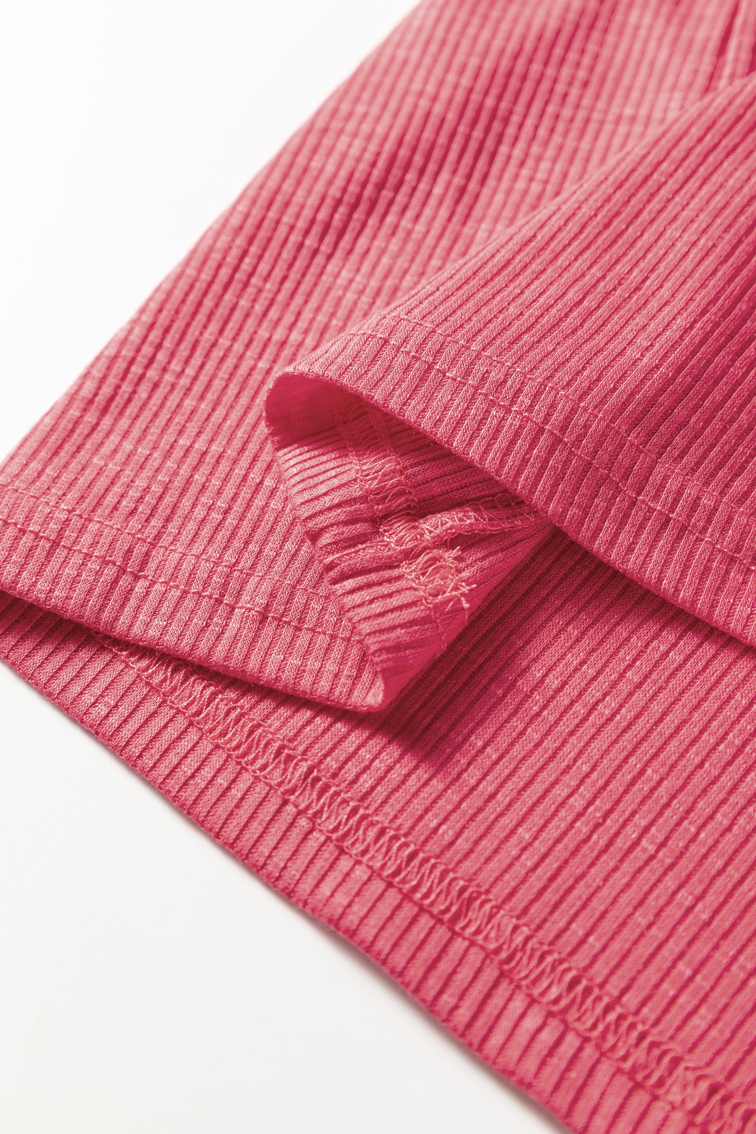 Racing Red Ribbed Texture Contrasted Lace Trim Button V Neck Long Sleeve Top