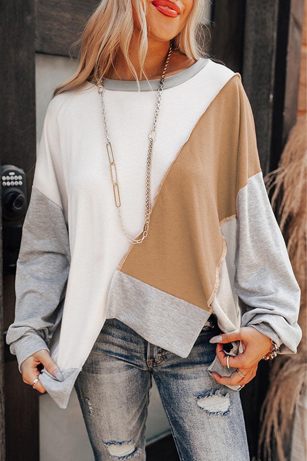 Khaki Colorblock Stitching Irregular Hem Long Sleeve Top - L & M Kee, LLC