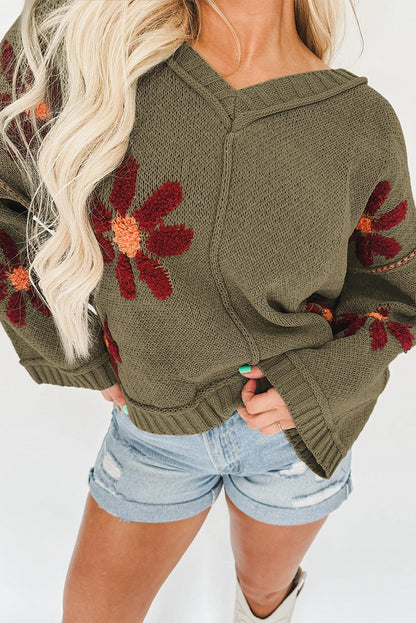 Sage Green Flower Knit Ribbed Trim V Neck Sweater - L & M Kee, LLC