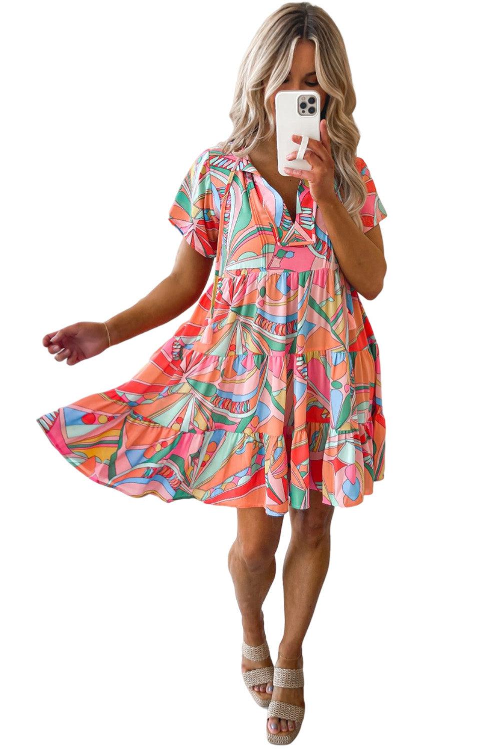 Multicolor Geometric Abstract Print Long Sleeve Shirt Dress - L & M Kee, LLC