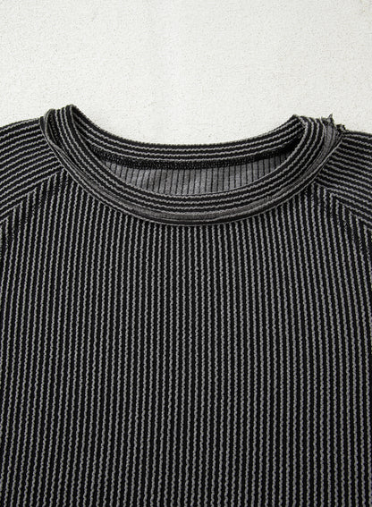 Dark Grey Corded Lantern Sleeve Top High Waist Ruffled Mini Skirt Set