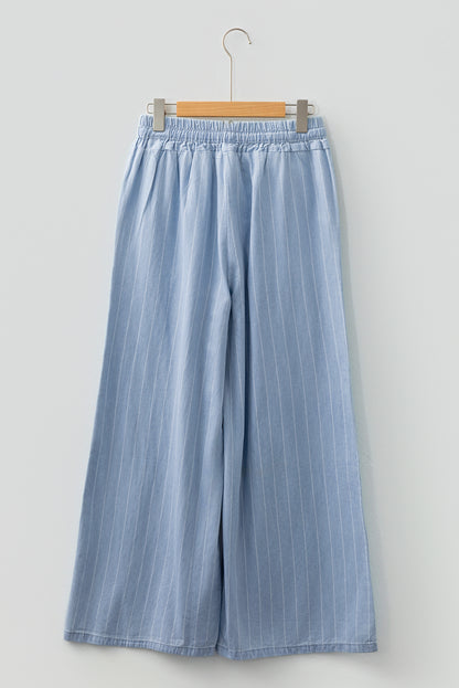 Sky Blue Stripe Chambray Wide Leg Tied Elastic Waist Trousers
