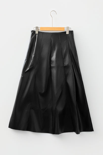 Black Faux Leather Retro Buckle Detail Pleated Stitch Flared Midi Skirt