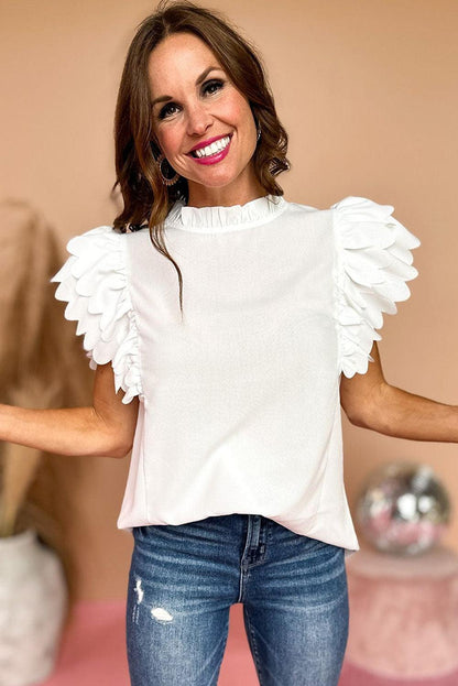 White Solid Color Scalloped Ruffle Sleeve Top - L & M Kee, LLC