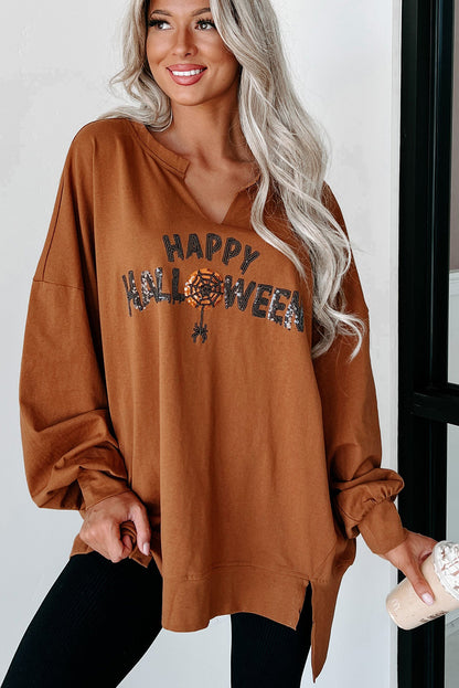 Chestnut Sequin Happy Halloween Graphic Notched Neck Long Sleeve Loose Top