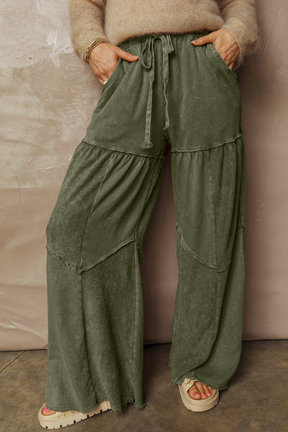 Vineyard Green Mineral Wash Tiered Wide Leg Patchwork Drawstring Pants