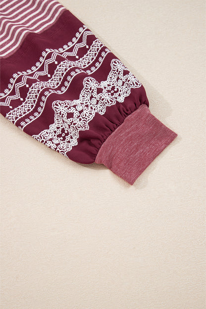 Mineral Red Contrast Print Striped Raglan Long Sleeve Loose Top