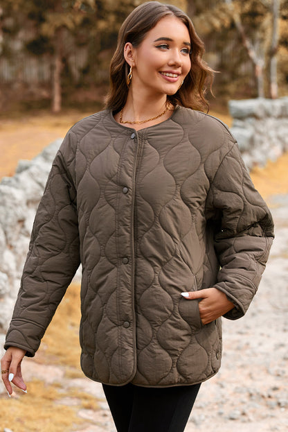 Dark Brown Snap Button Quilted Puffer Jacket