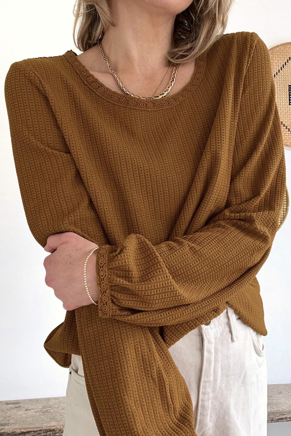 Brown Textured Round Neck Puff Sleeve Top - L & M Kee, LLC