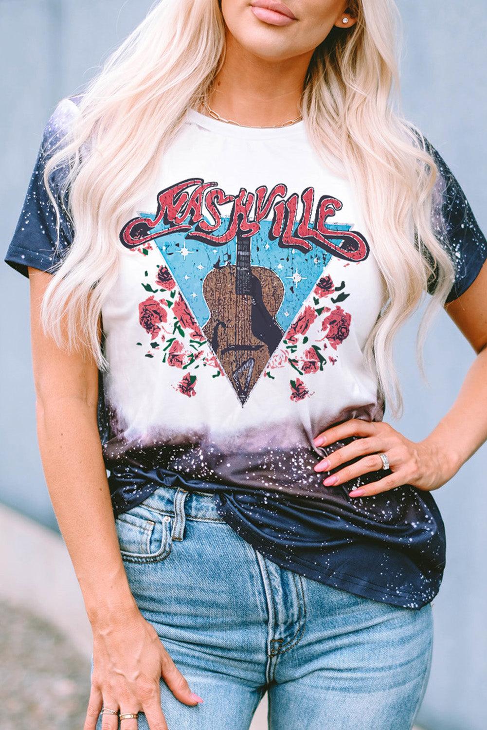 Black Bleached Tie-dye Vintage NASHVILLE Western Graphic Tee - L & M Kee, LLC