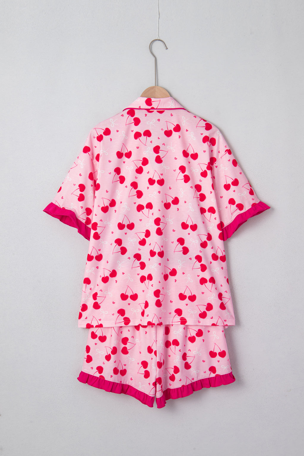 Rose Cherry Bow Mixed Print Scalloped Edge Short Pajama Set