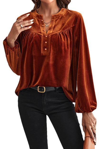 Gold Flame Lantern Sleeve Beaded Split V Neck Velvet Top - L & M Kee, LLC