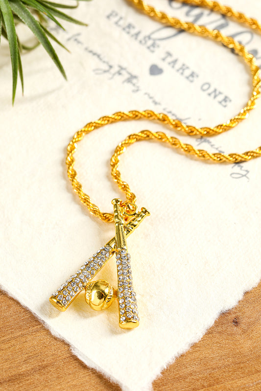 Gold Rhinestone Baseball Pendant Plated Alloy Chain Necklace