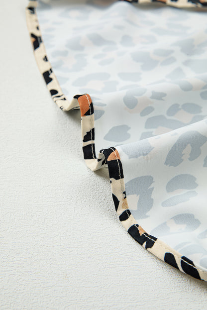 Khaki Leopard Color Block Contrast Striped V Neck Half Sleeve Loose Fit Blouse