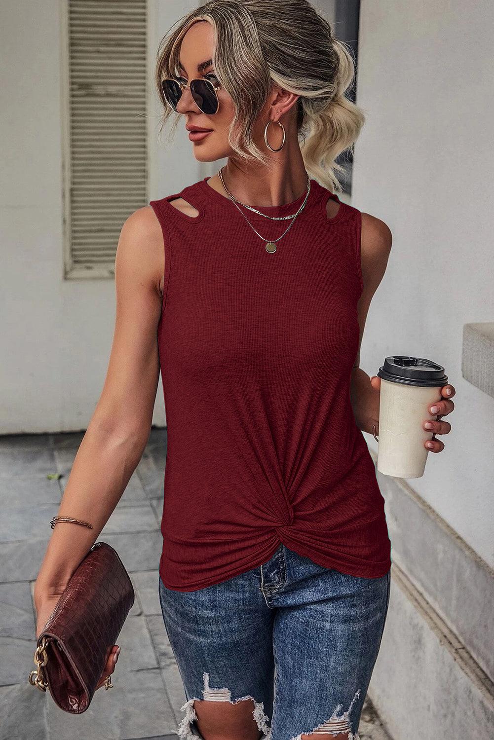 Rib Knit Cut-out Front Twist Tank Top - L & M Kee, LLC