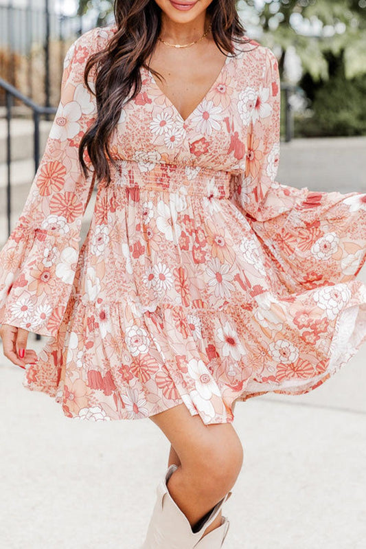 Floral Smocked High Waist Bell Sleeve Mini Dress - L & M Kee, LLC