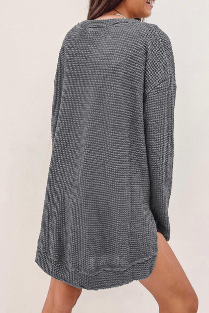 Gray Waffle Knit High Slits Oversized Top - L & M Kee, LLC