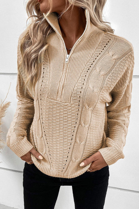 Apricot Zipped Stand Collar Cable Knit Sweater - L & M Kee, LLC