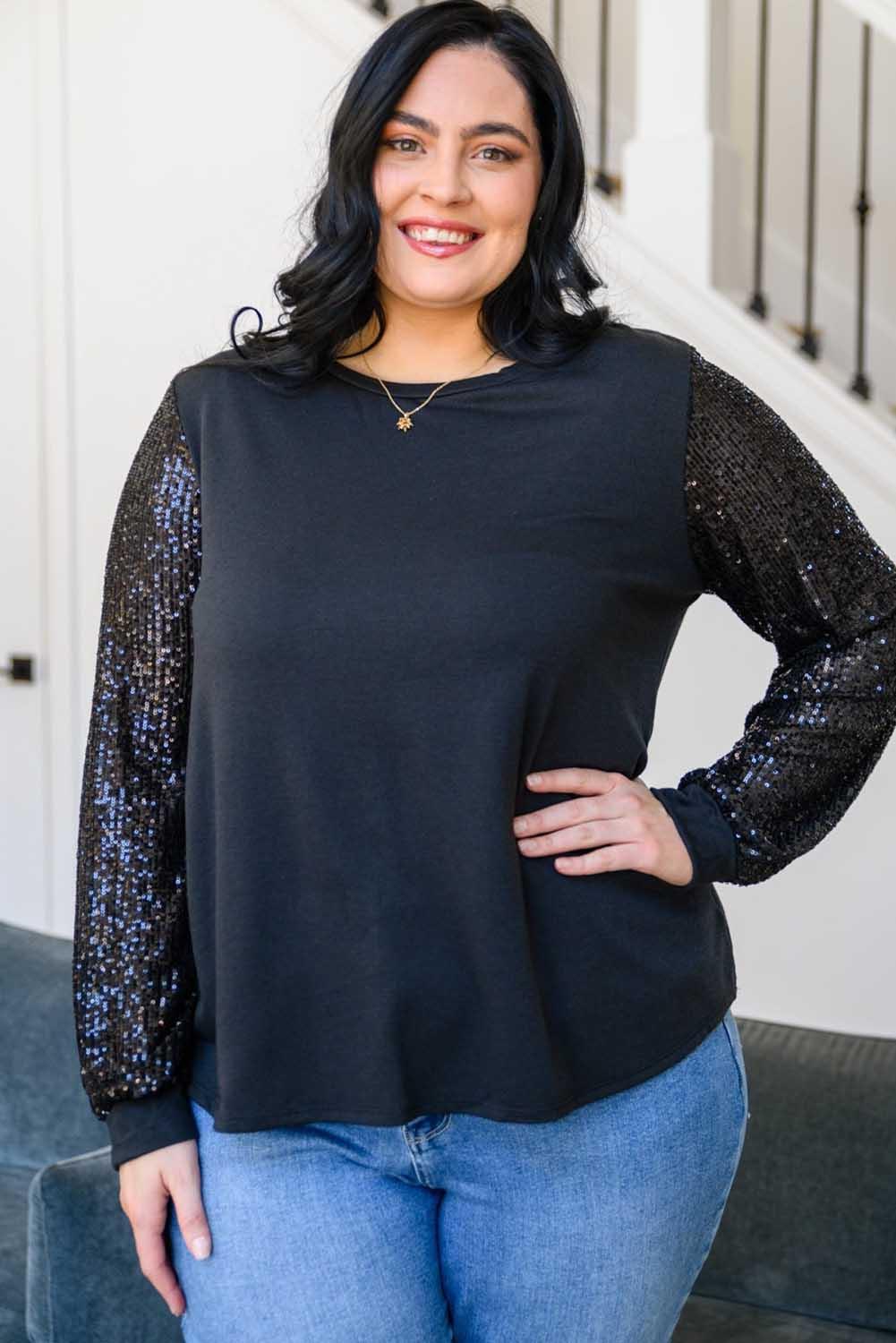 Sequin Contrast Long Sleeve Plus Size Top - L & M Kee, LLC