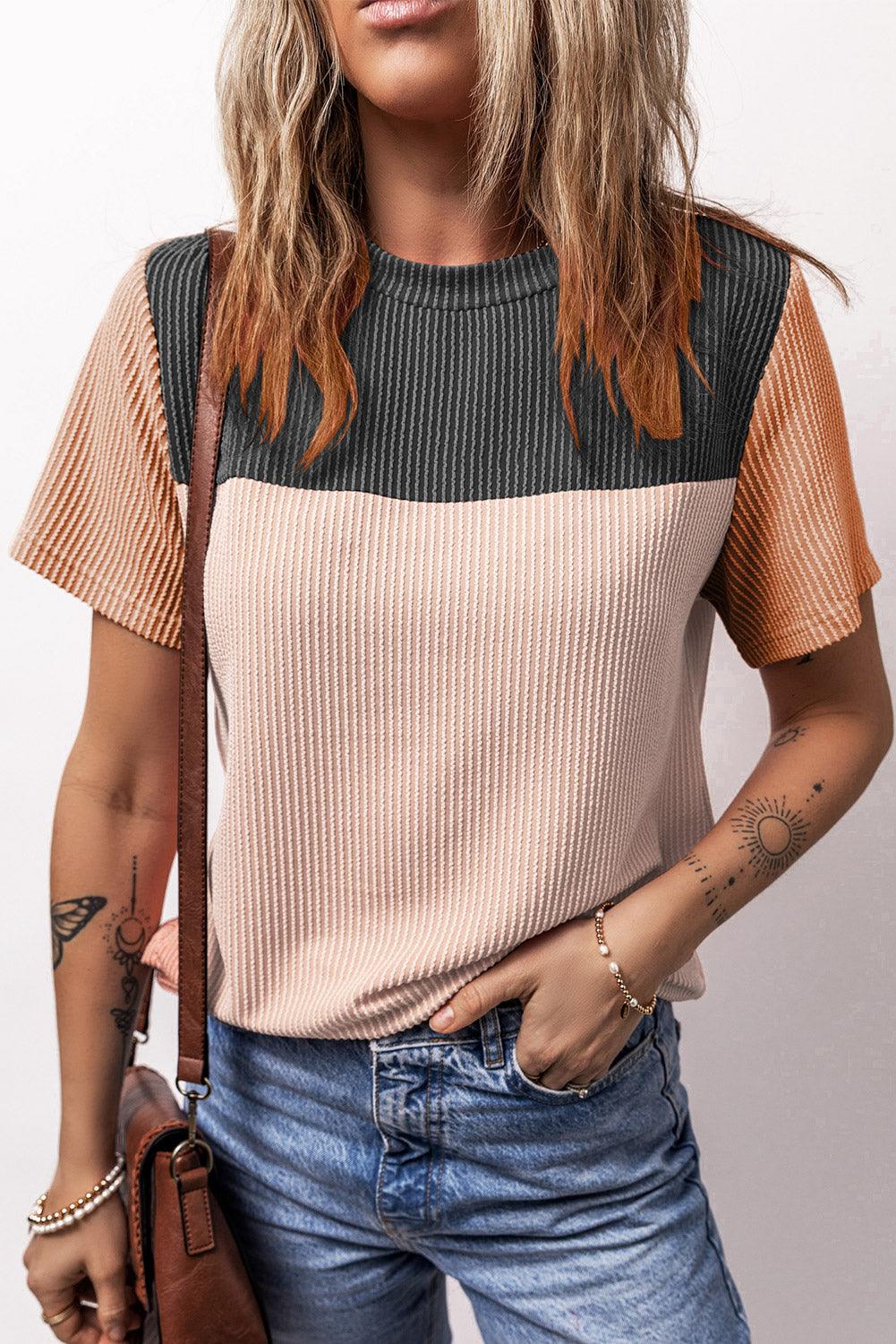 Black Rib Textured Colorblock T Shirt - L & M Kee, LLC