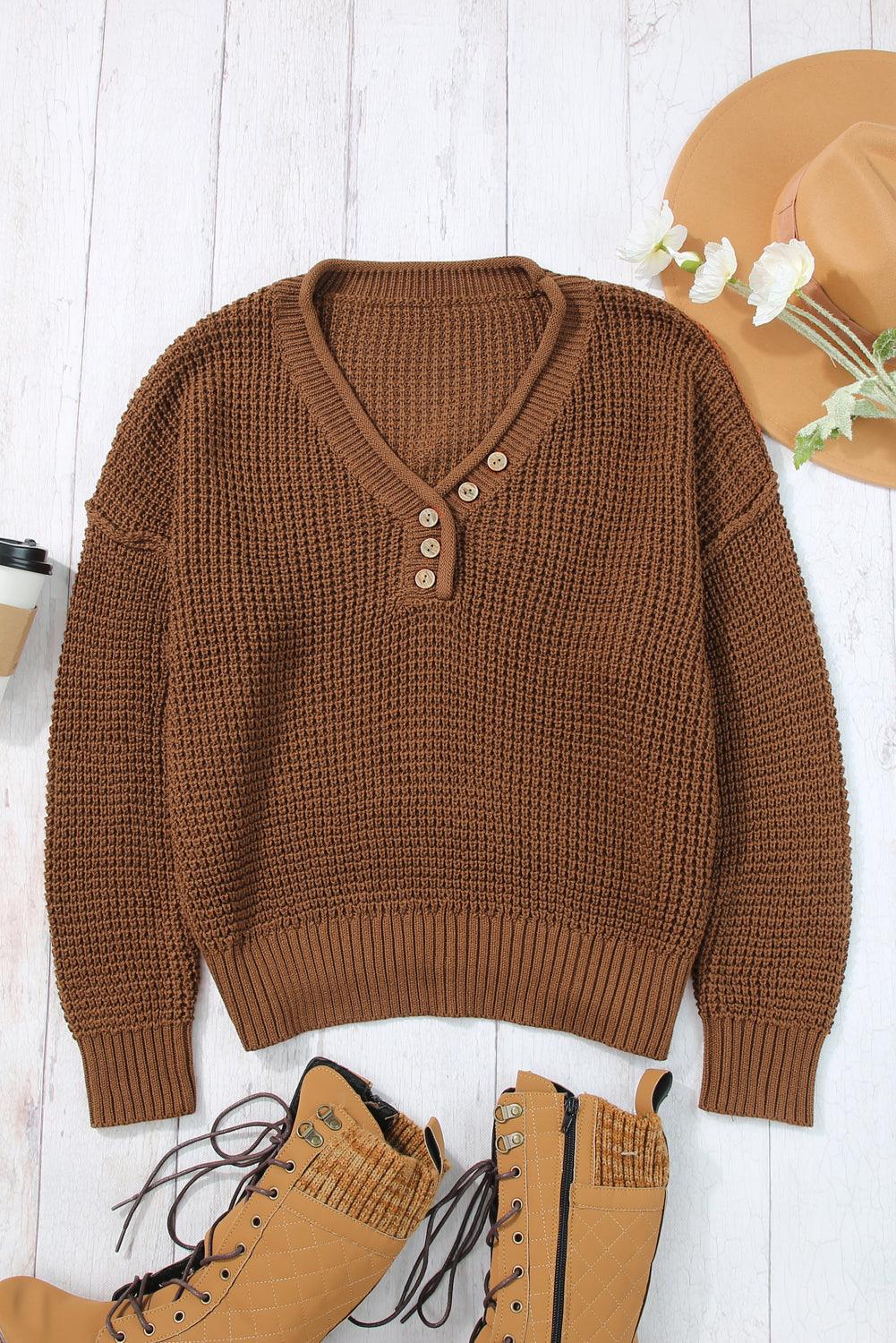 Coffee Pointelle Knit Button V Neck Drop Shoulder Sweater - L & M Kee, LLC