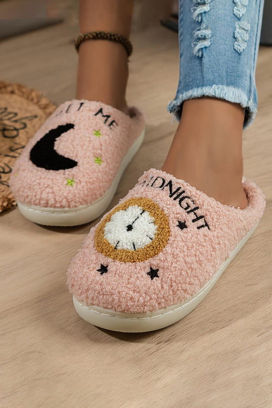 Light Pink Moon & Clock Pattern Fuzzy Home Slippers - L & M Kee, LLC