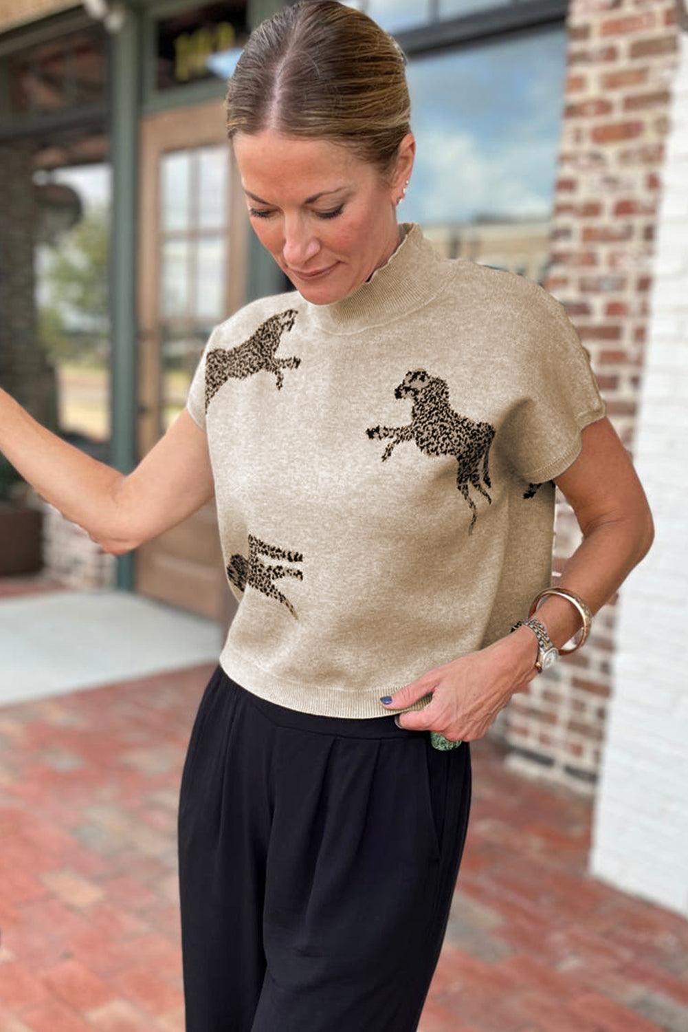 Black Lively Cheetah Pattern High Neck Short Sleeve Sweater - L & M Kee, LLC