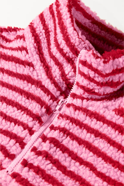 Pink Stripe Quarter Zip Fleece Oversize Sweatshirt