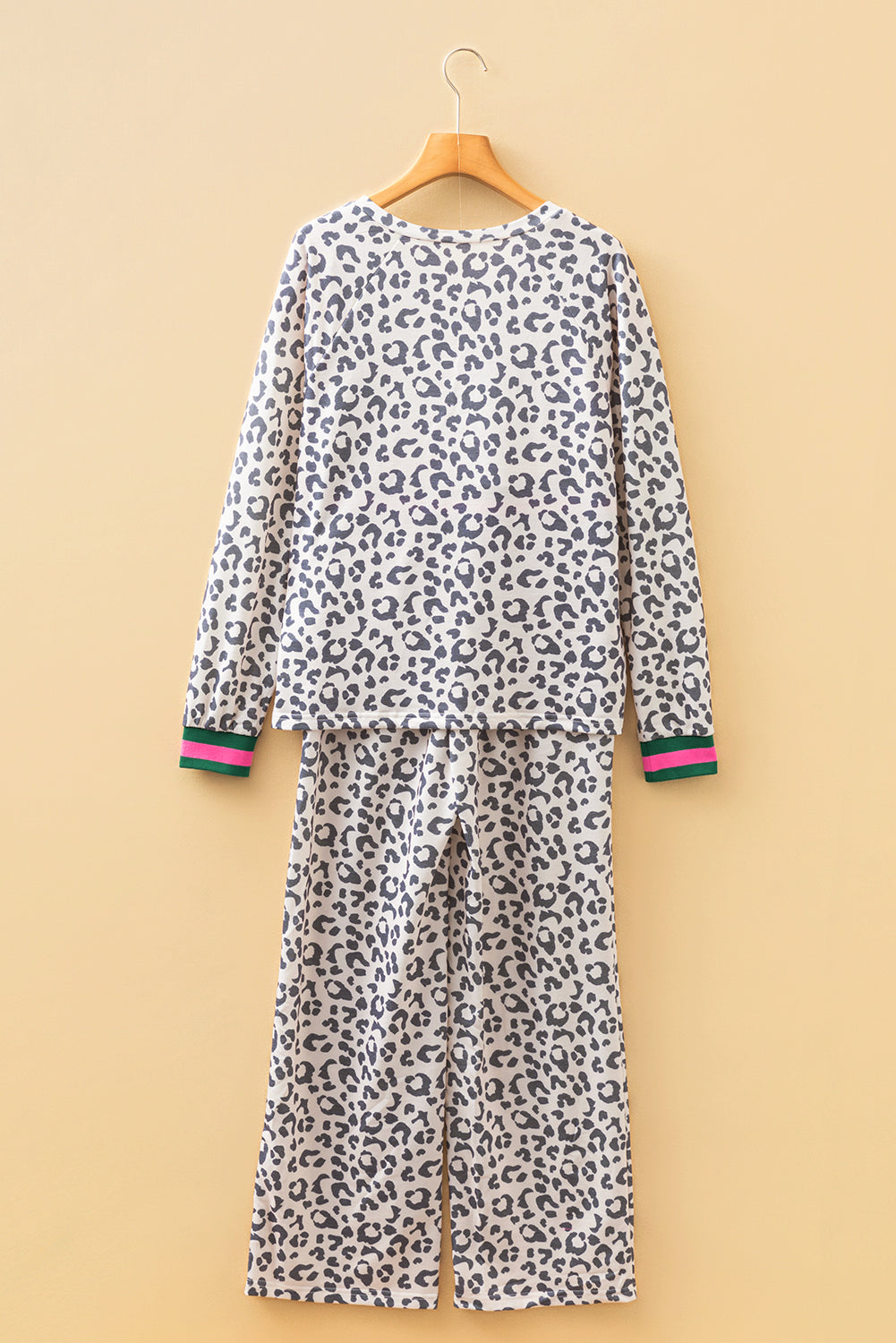 Gray V Neck Leopard Long Sleeve Top Striped Webbing Patchwork Drawstring Pant Set