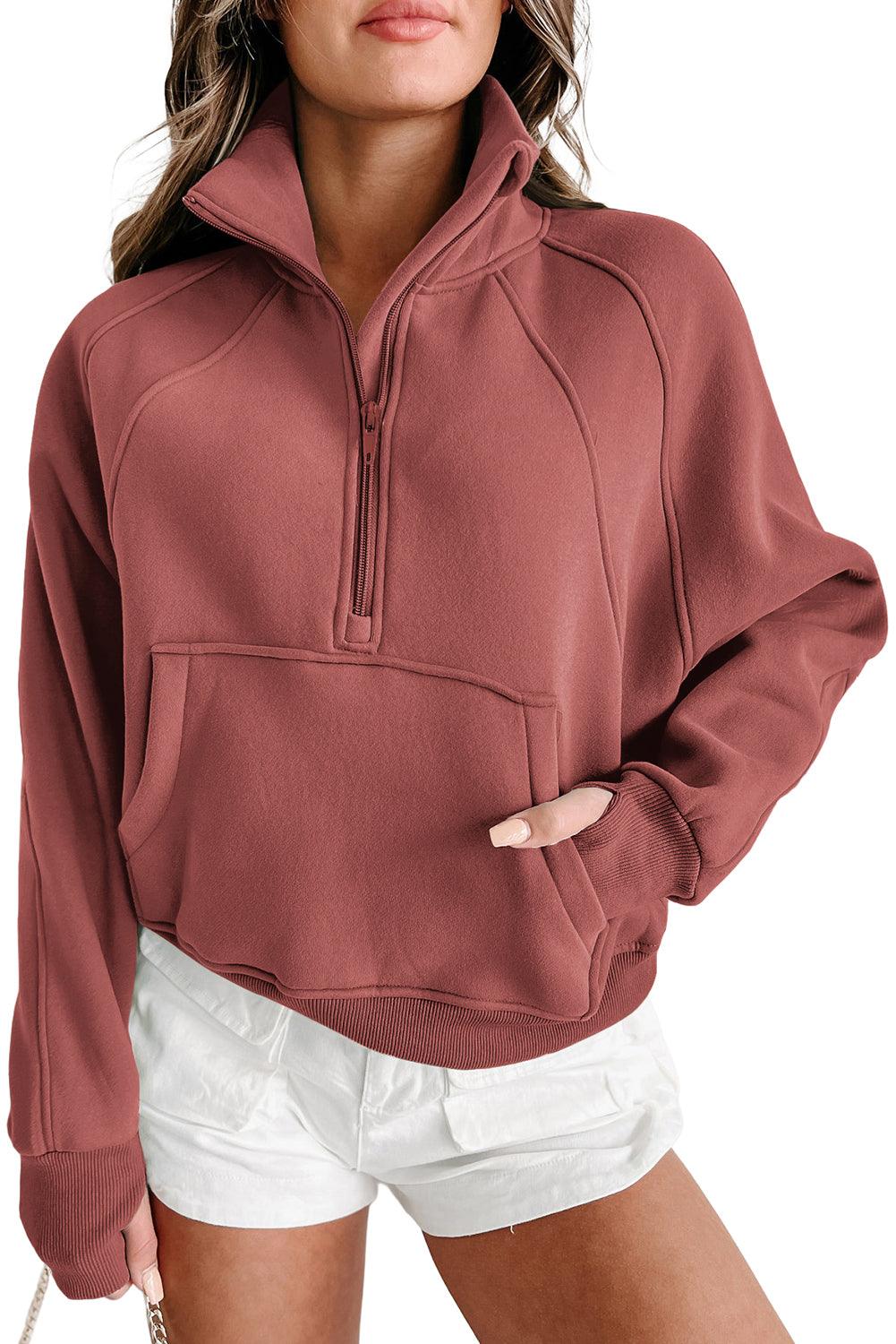 Brown Zip Up Stand Collar Ribbed Thumbhole Sleeve Sweatshirt - L & M Kee, LLC