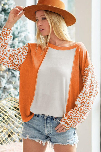 Orange Colorblock Leopard Sleeve Patchwork Top - L & M Kee, LLC