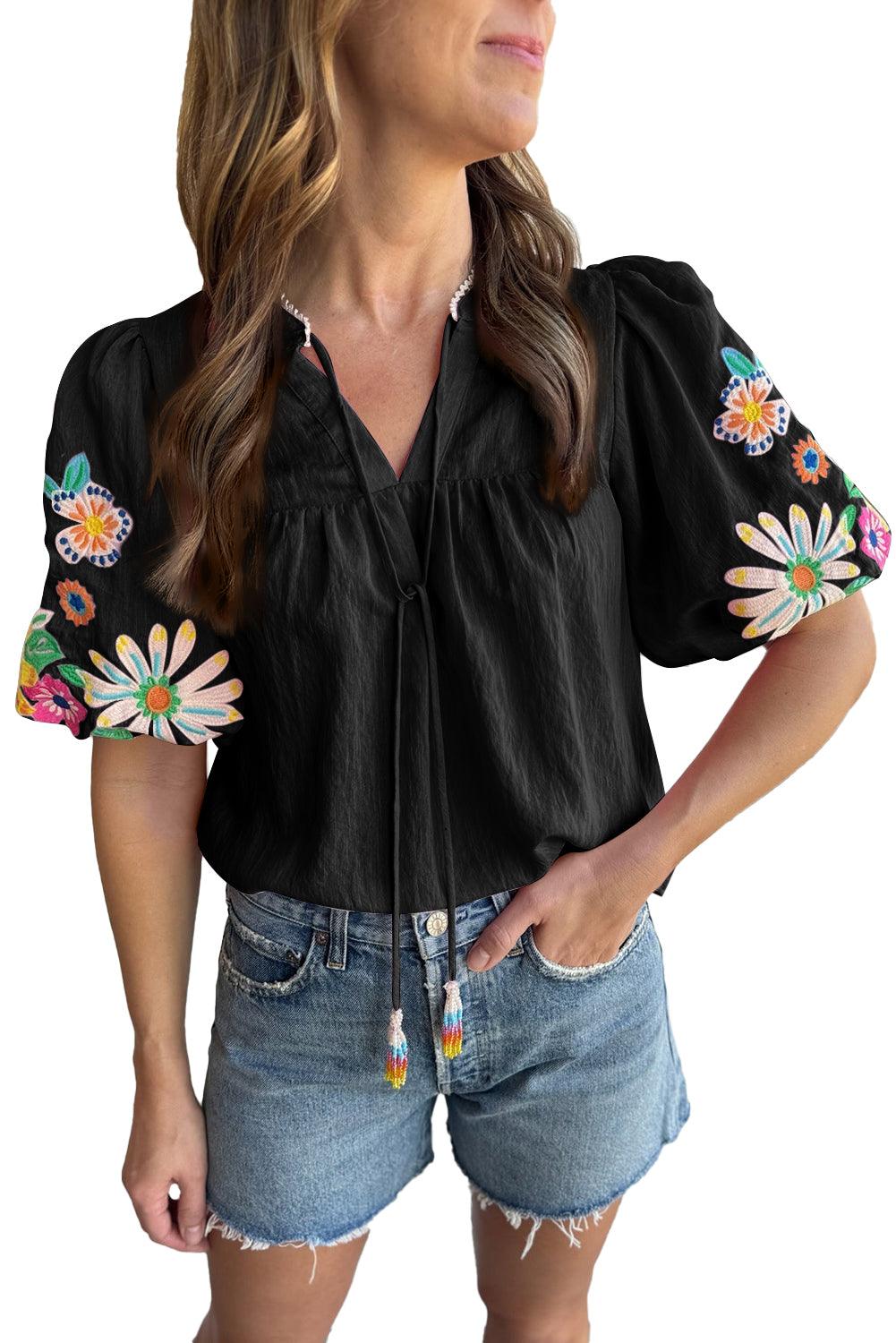 Black Floral Embroidered Puff Sleeve Split Neck Blouse - L & M Kee, LLC