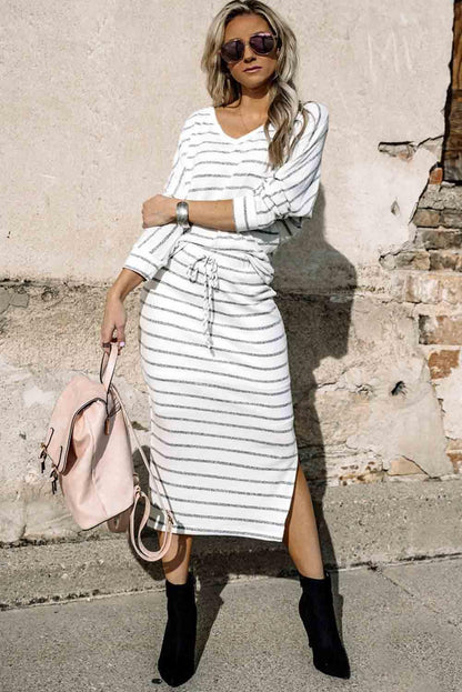 White Striped V Neck Top and Side Slits Skirt Set - L & M Kee, LLC