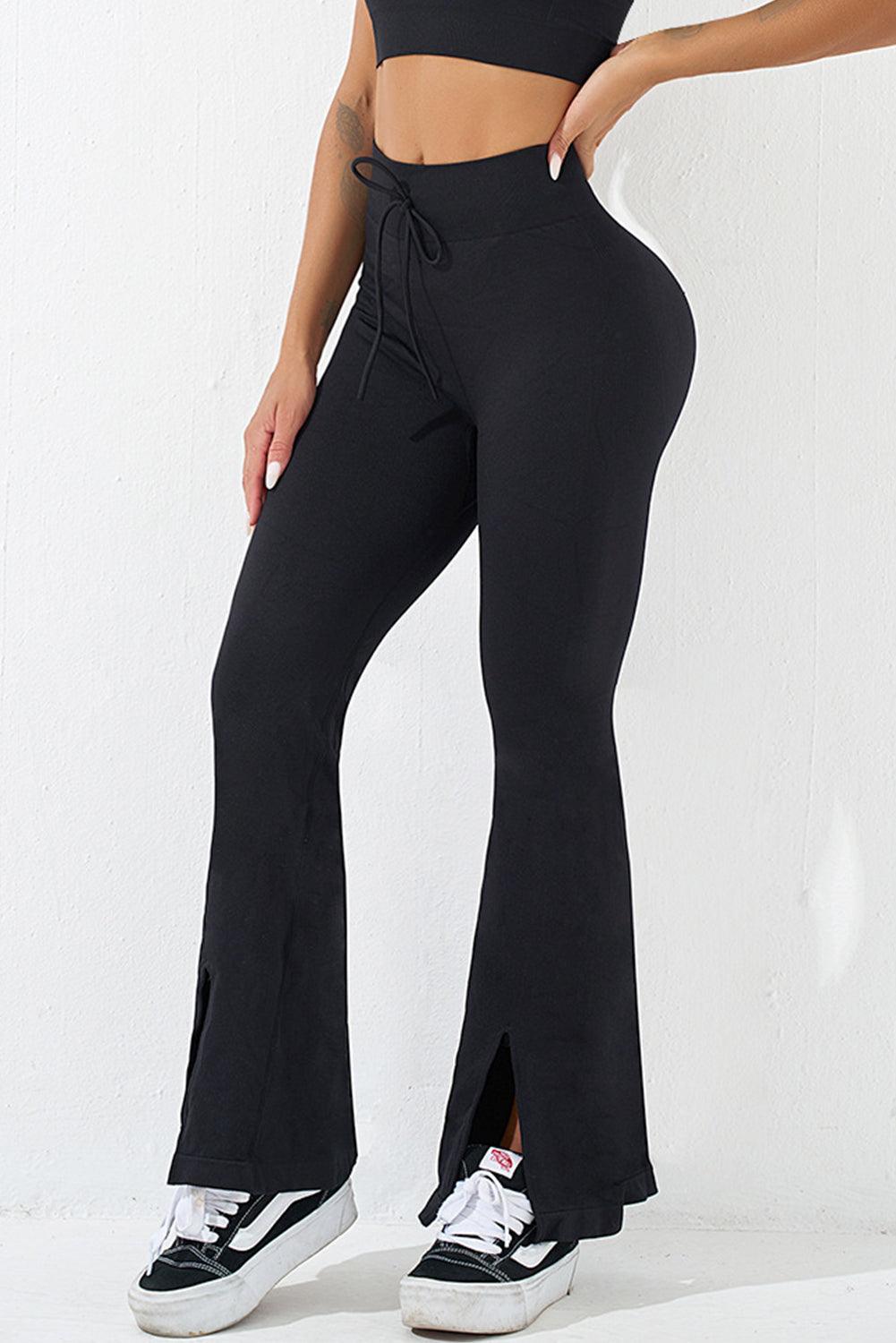 Black Drawstring High Waist Split Yoga Flared Leggings - L & M Kee, LLC