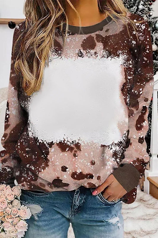 Bleached Tie Dye Leopard Print Long Sleeve Top - L & M Kee, LLC