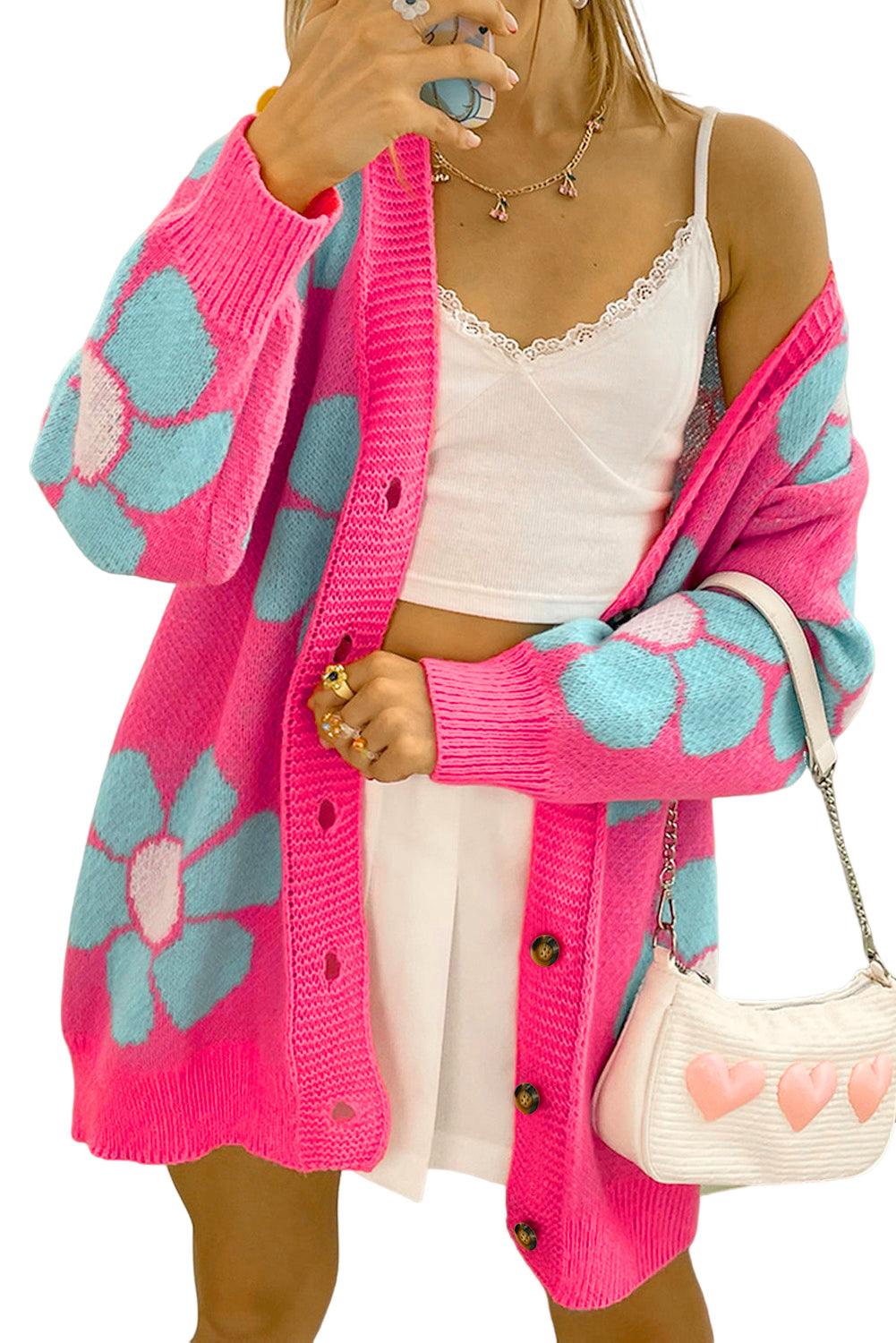 Strawberry Pink Floral Print Button up Knitted Cardigan - L & M Kee, LLC