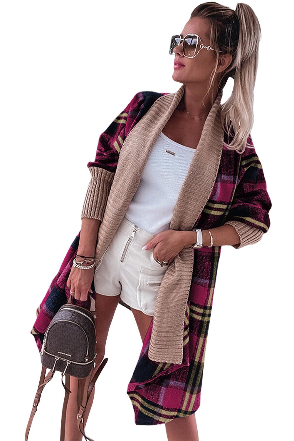 Rose Red Ribbed Splicing Plaid Open Front Cardigan - L & M Kee, LLC