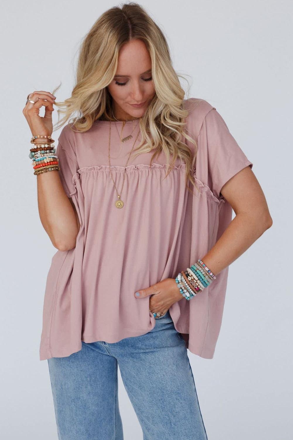 Light Pink Ruffled Trim Loose Babydoll Tee - L & M Kee, LLC