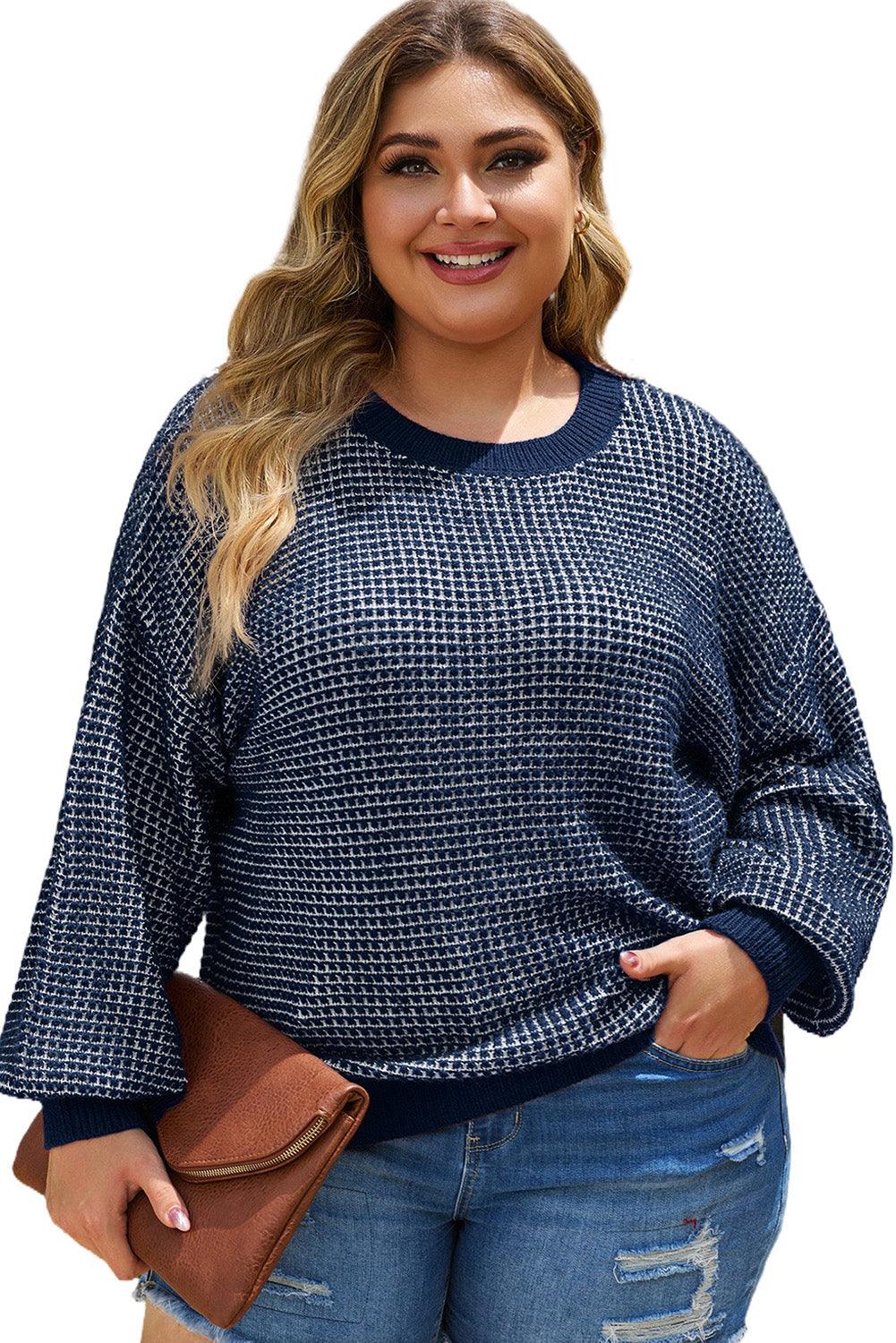 Blue Heathered Knit Plus Size Drop Shoulder Sweater - L & M Kee, LLC