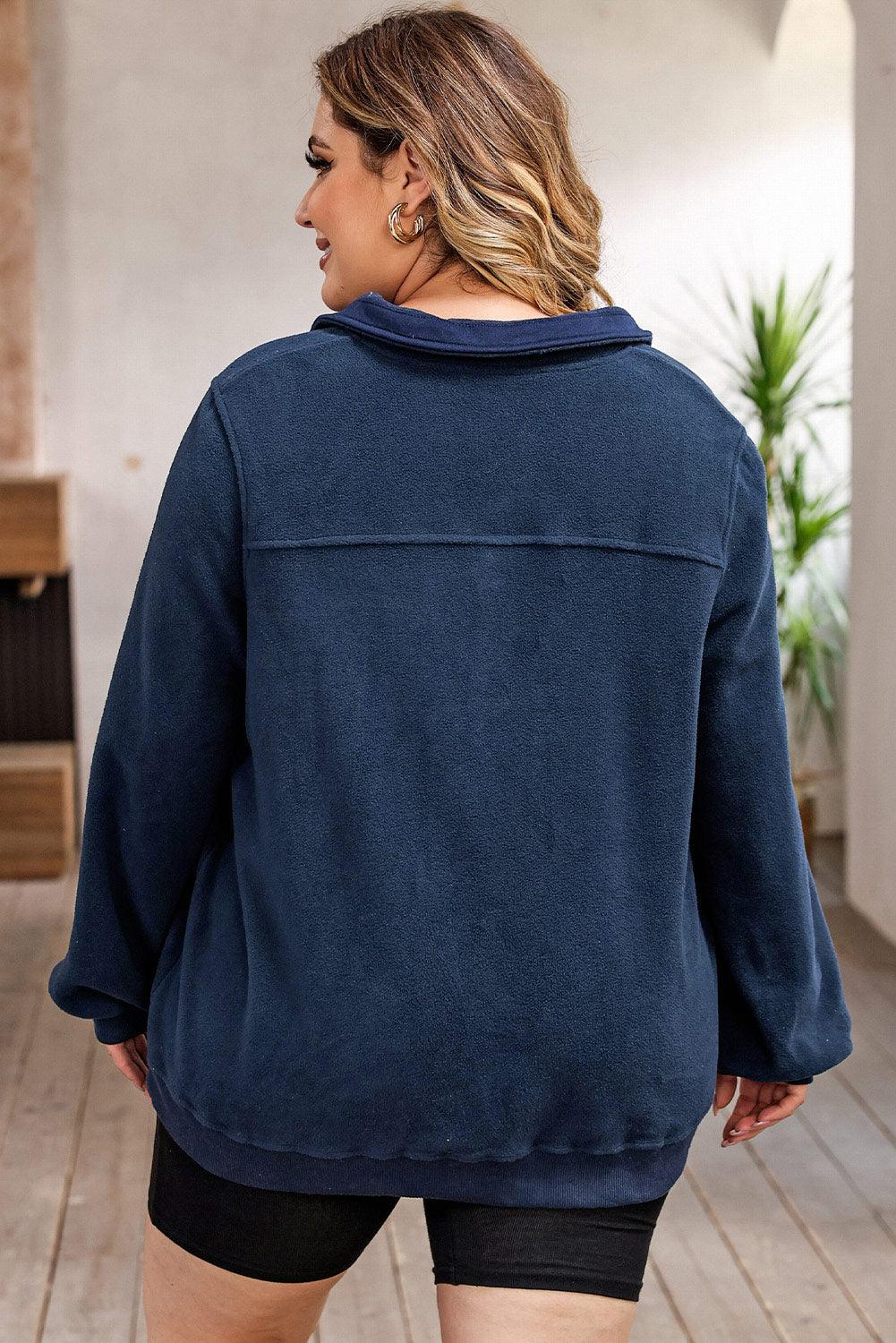 Blue Snap Buttons Pullover Plus Size Fleece Sweatshirt - L & M Kee, LLC