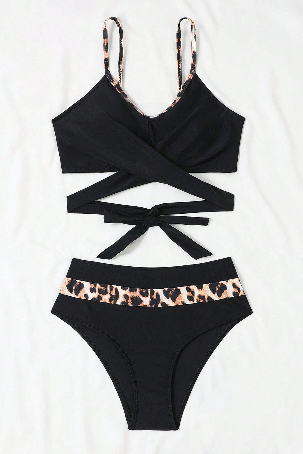 Black Leopard Splicing Criss Cross Tie Spaghetti Straps High Waisted Bikini - L & M Kee, LLC