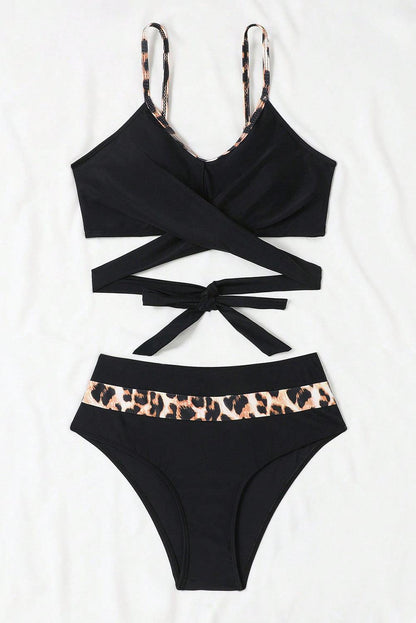 Black Leopard Splicing Criss Cross Tie Spaghetti Straps High Waisted Bikini - L & M Kee, LLC