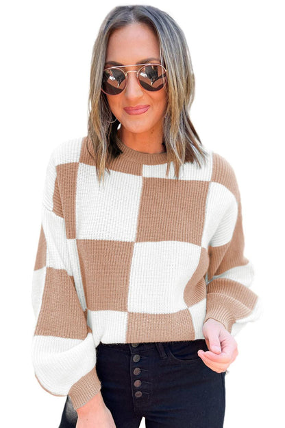 Checkered Ribbed Knit Puff Sleeve Sweater - L & M Kee, LLC