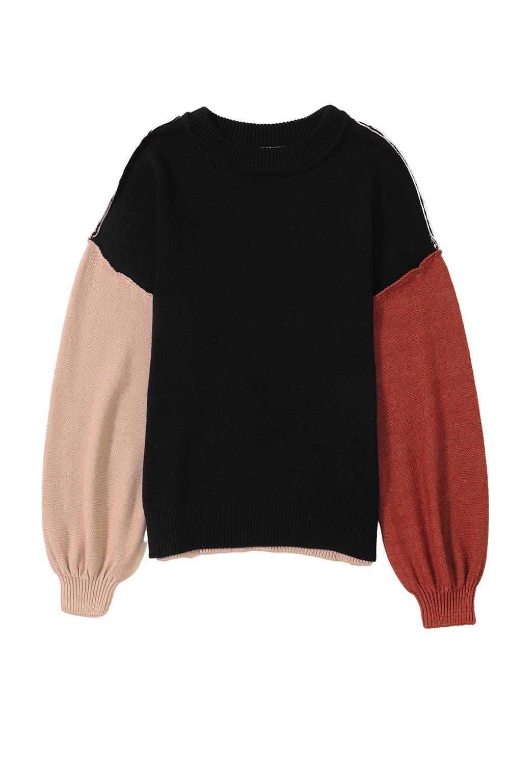 Coffee Colorblock Bishop Sleeve Ribbed Trim Sweater - L & M Kee, LLC