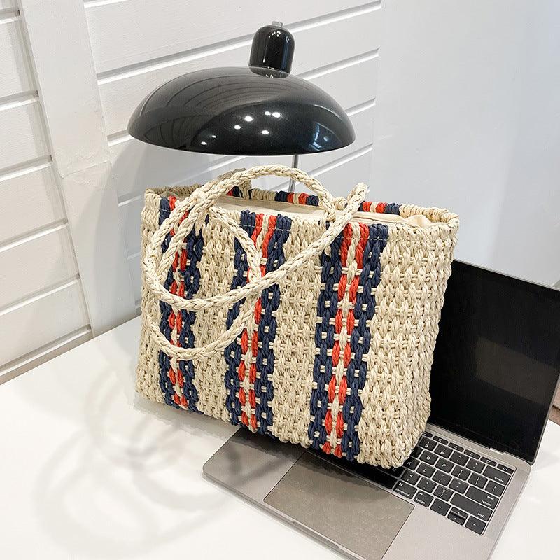 Vertical Striped Shoulder Straw Woven Bag - L & M Kee, LLC