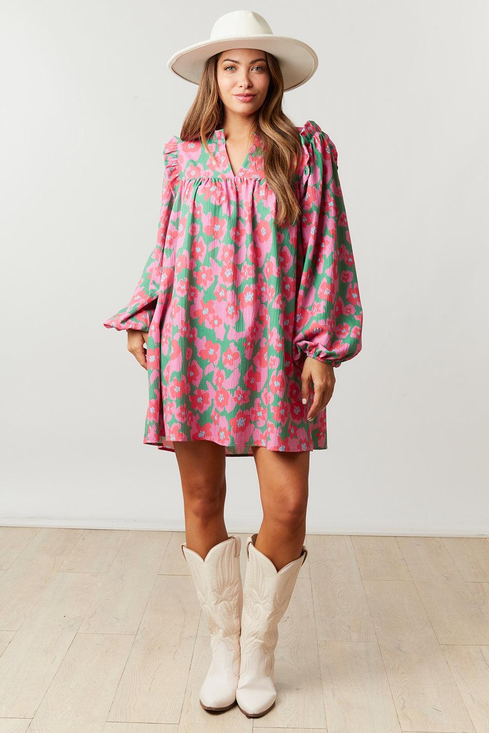 Pink Split V Neck Bubble Sleeve Loose Floral Dress - L & M Kee, LLC