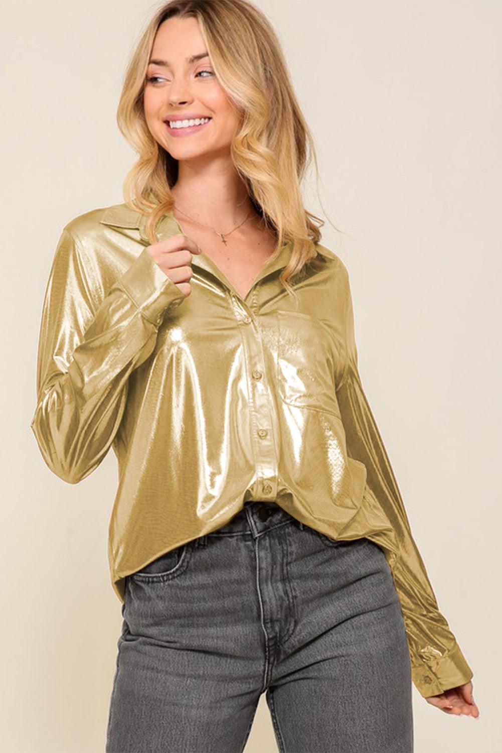 Gold Metallic Luster Chest Pocket Shirt - L & M Kee, LLC