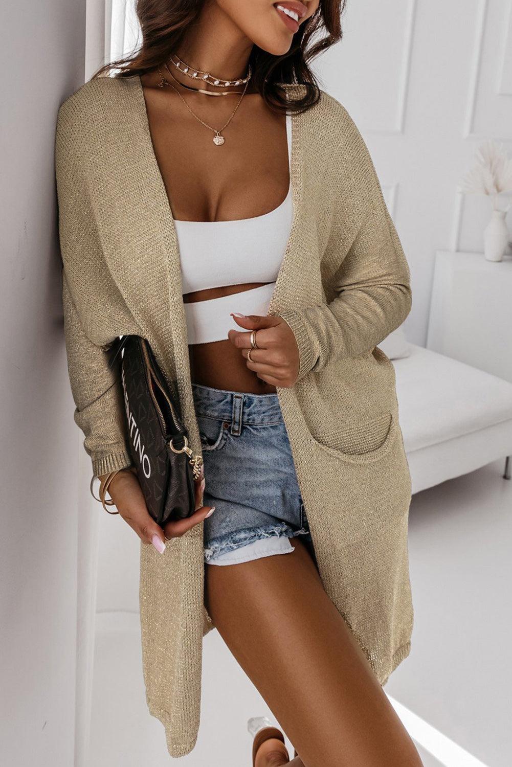 Khaki Pocketed Knit Dolman Sleeve Cardigan - L & M Kee, LLC